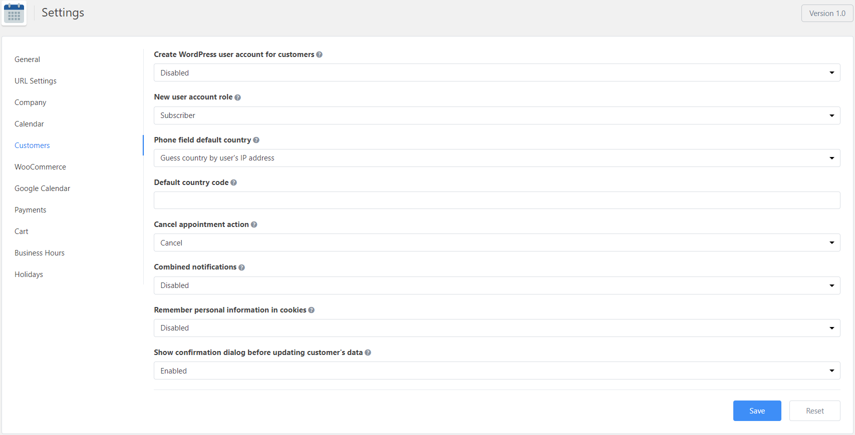 Customers Settings